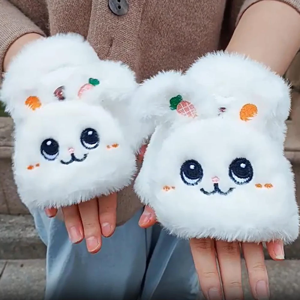 Fashion Women Plush Flip Gloves Embroidered Cartoon Lovely Rabbit Cat Pattern Flip Fingerless Gloves Adult Children Warm Mittens