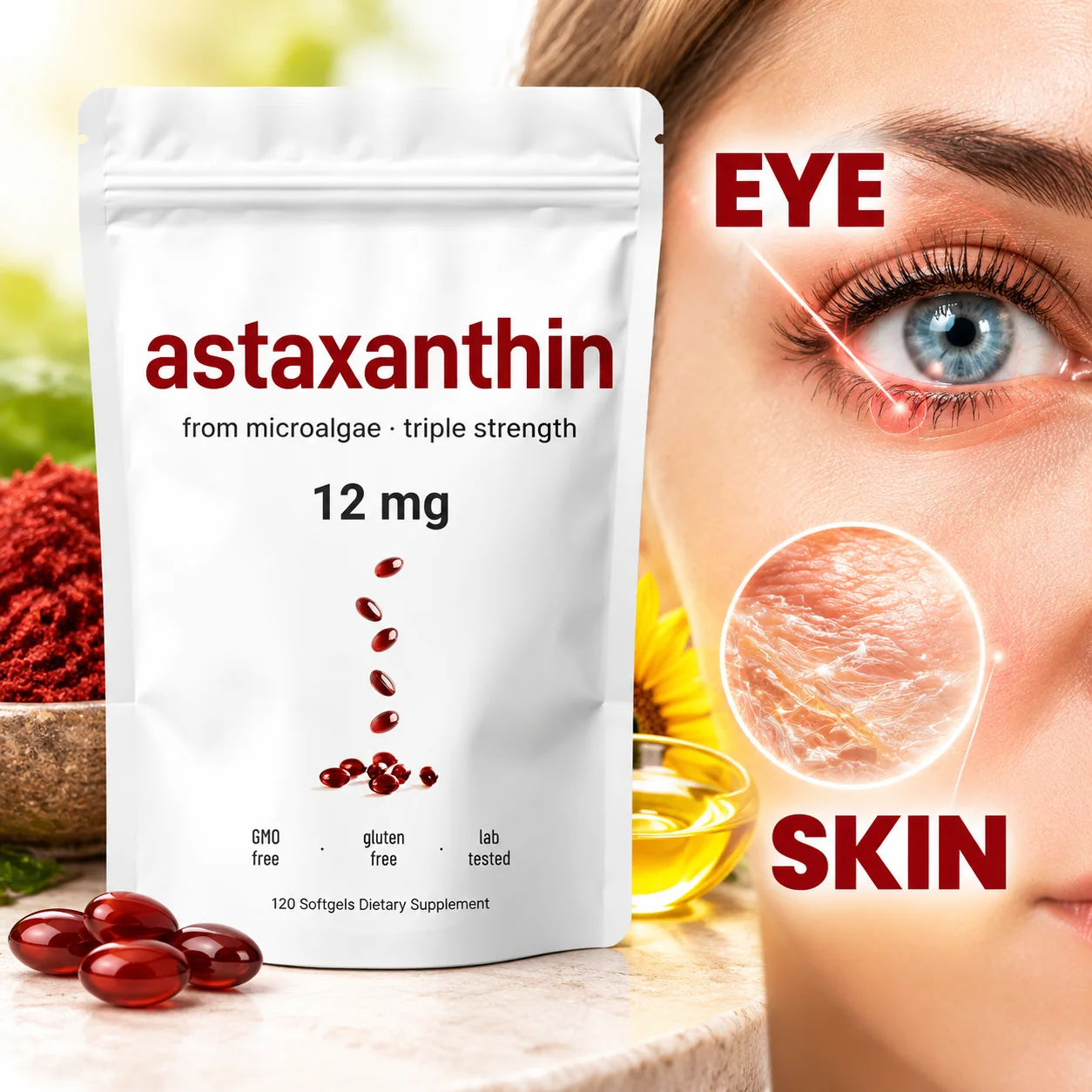 Astaxanthin Softgels Maintain Eye Health & Skin Elasticity with Haematococcus Pluvialis Extract Sunflower Oil 12 mg 120 Softgels