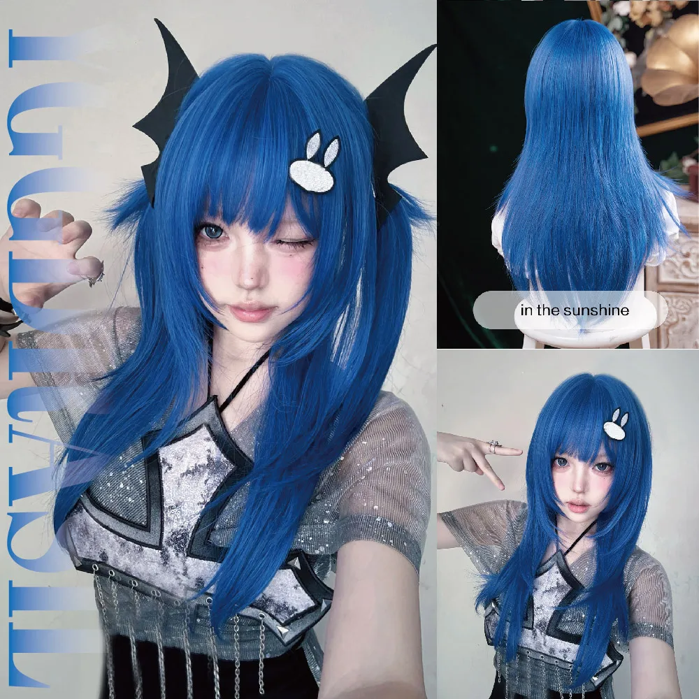 

24-дюймовый ультрамарин синий волшебный стиль синтетические парики с челкой средний прямой парик из волос для женщин косплей вечерние термостойкие