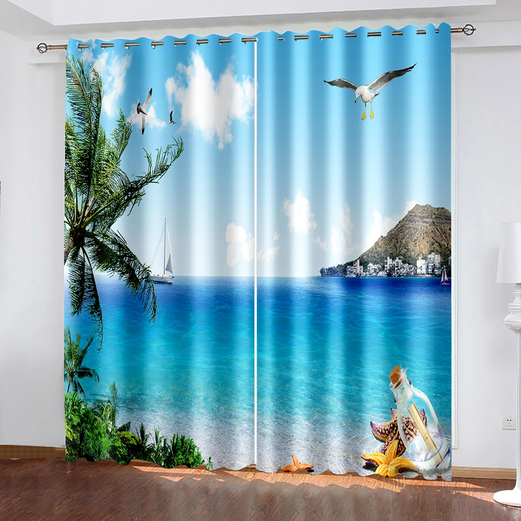 

Modern Home Decoration Living Room Curtains blue beach curtains 3D Window Curtain For Living Room