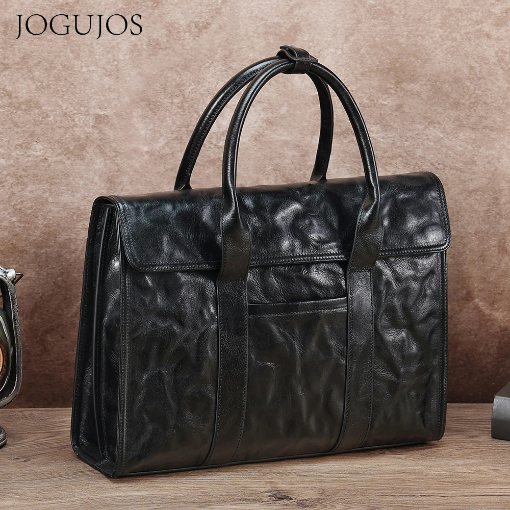 JOGUJOS Men's Briefcase for 15.6Inch Laptop Vintage Genuine Cowhide Leather Travel Business Office Document Bag Handbag Men