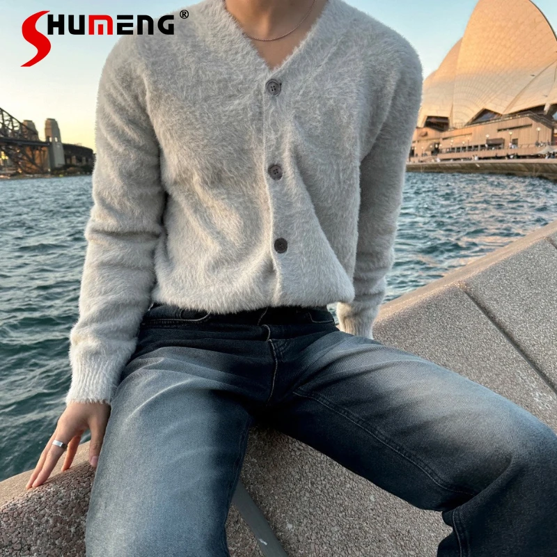 

Fashion V-neck Knitted Cardigan Men 2025 Winter New Warm Loose Comfort Sweaters Male Long Sleeve Solid Color Simple Knitwears