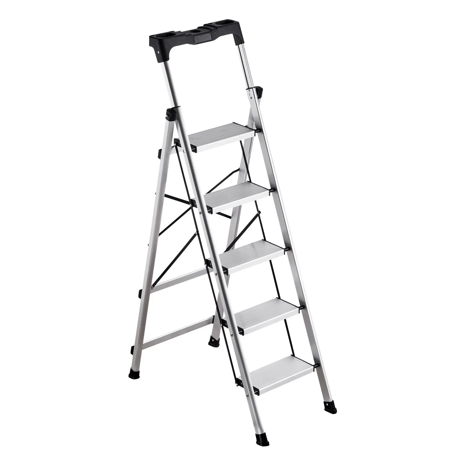 Escalera de 5 peldaños, taburete plegable con pedal ancho antideslizante y agarre cómodo, escalera portátil de aluminio con capacidad para 330 lb.