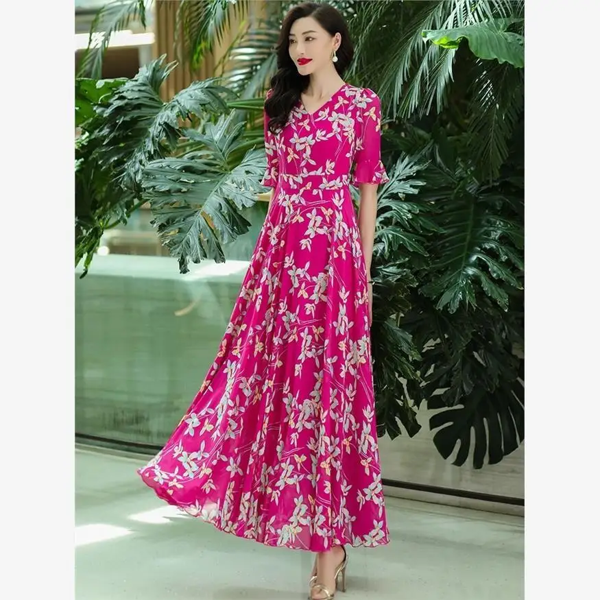 Vestido Longo Boho de Verão 2025 com Decote em V e Mangas Médias, Vestido de Praia em Chiffon E para Mulheres