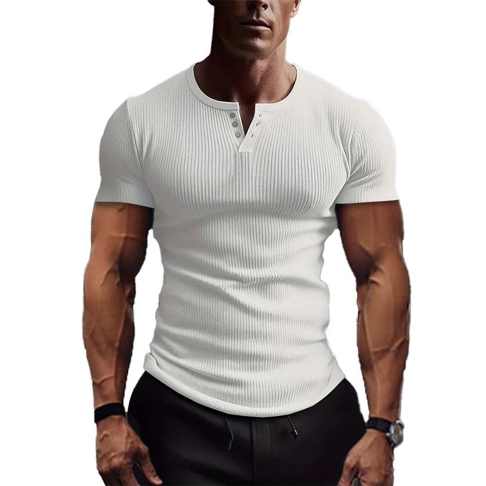 Mens Ribbed Slim Fit Short Sleeve T-shirts Tee V Neck Muscle Fitness Blouse Tops