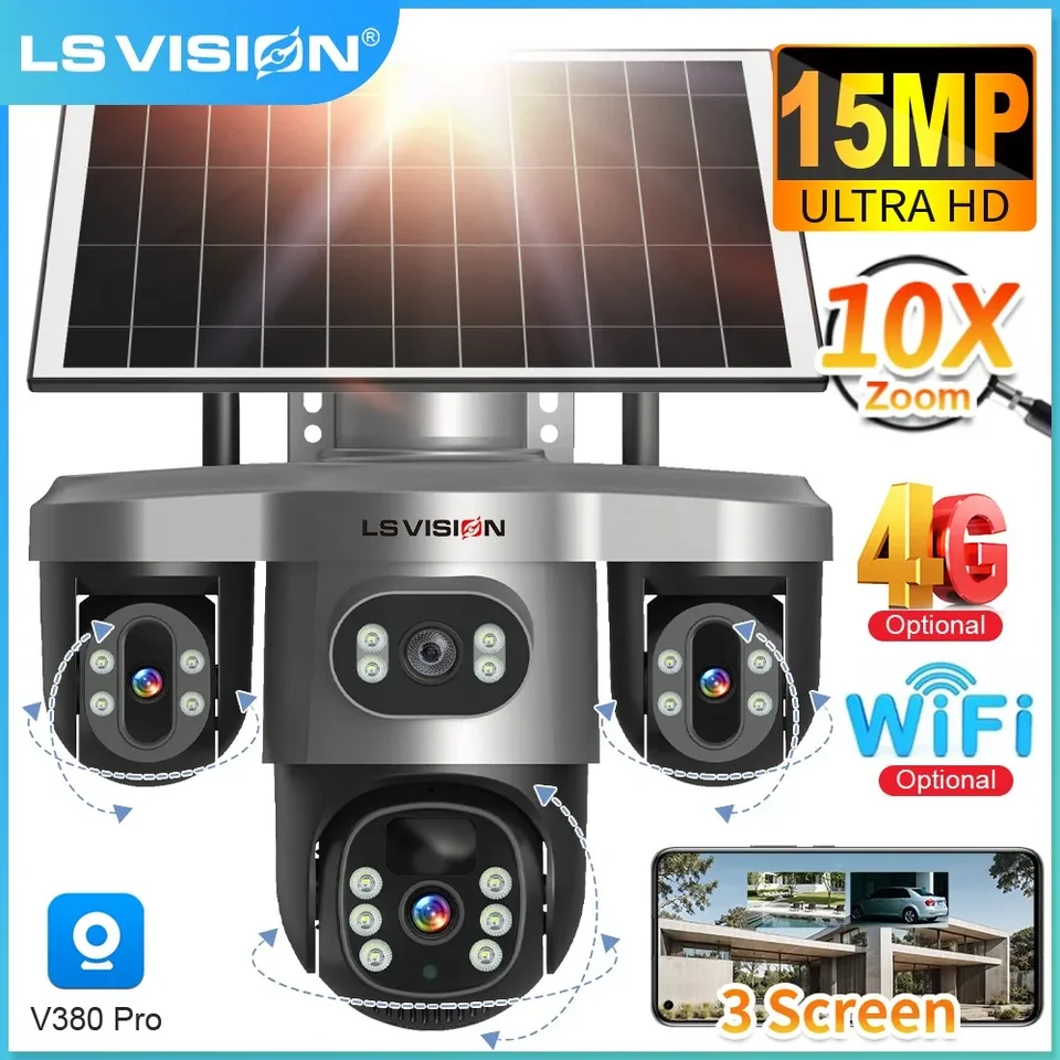 LS VISION V380 Pro 15MP WiFi Solar Camera 4G SIM 3-Screens 10X