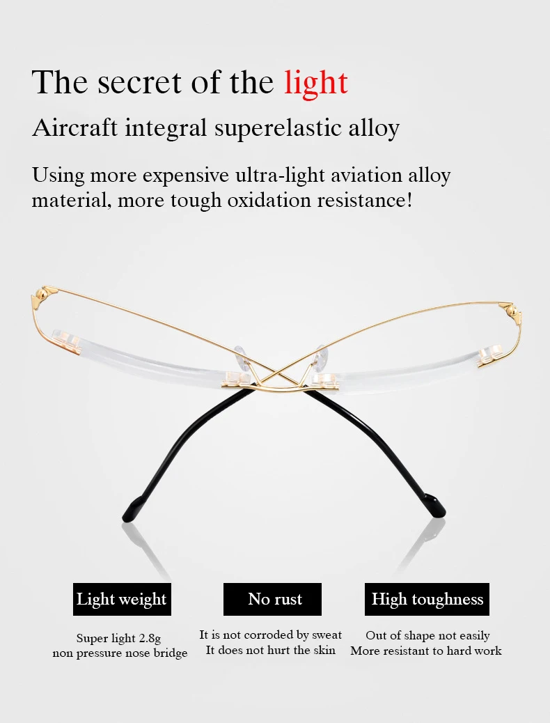 New 2022 Rimless Glasses Frame with Recipe Customized Lenses Shapes Flexible Temple Legs Prescription Eyeglasses for Men Women
