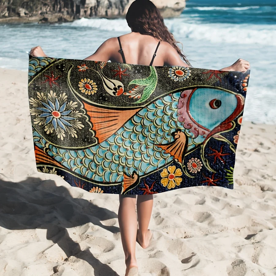 Sandproof Beach Towel Waterproof Microfiber 1Pc 2D Flat Printed Ethnic Fish Art Holiday Sunbath Lounger Blanket Seaside