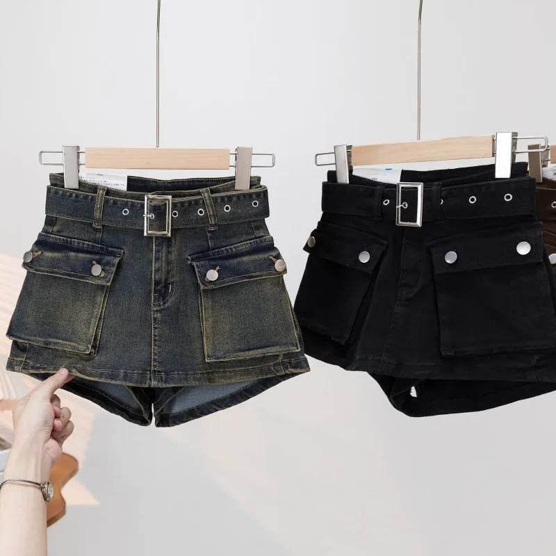 American Retro Hot Girl Denim Shorts Workwear Style Culottes Female High Waist Slimming Versatile Denim Shorts Women Exquisite