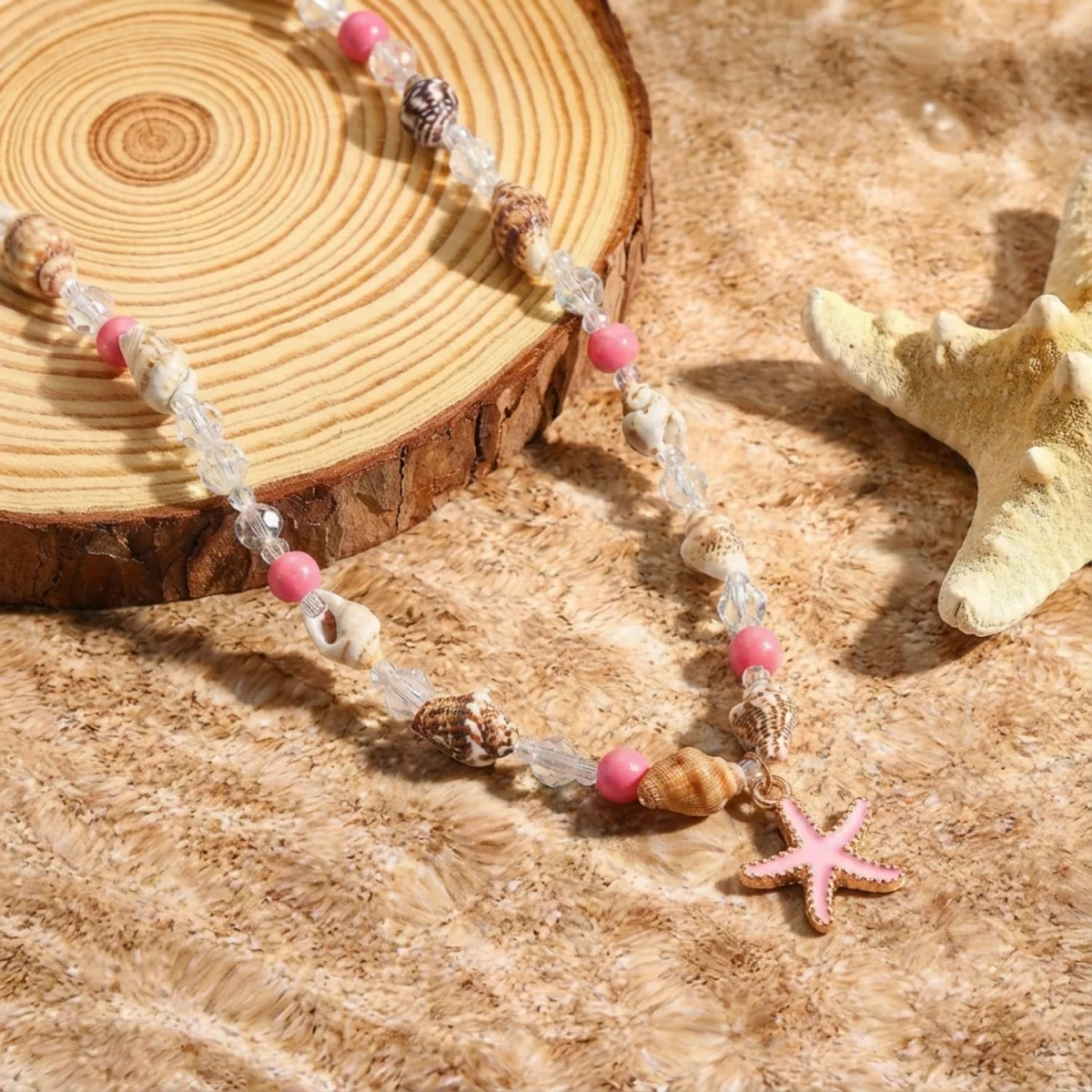 Metall-Seestern-Muschel-Anhänger-Halskette für Damen und Herren, Kristall-Reisperlen-Choker, Bohemian-Strandurlaub, Sommerparty-Schmuck – Detail 28