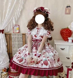 Japanese Strawberry Cake Bear Lolita Dress Short Sleeved Op Ruffles Doll Collar Three Section Cute Girl Sweet Decration Mini