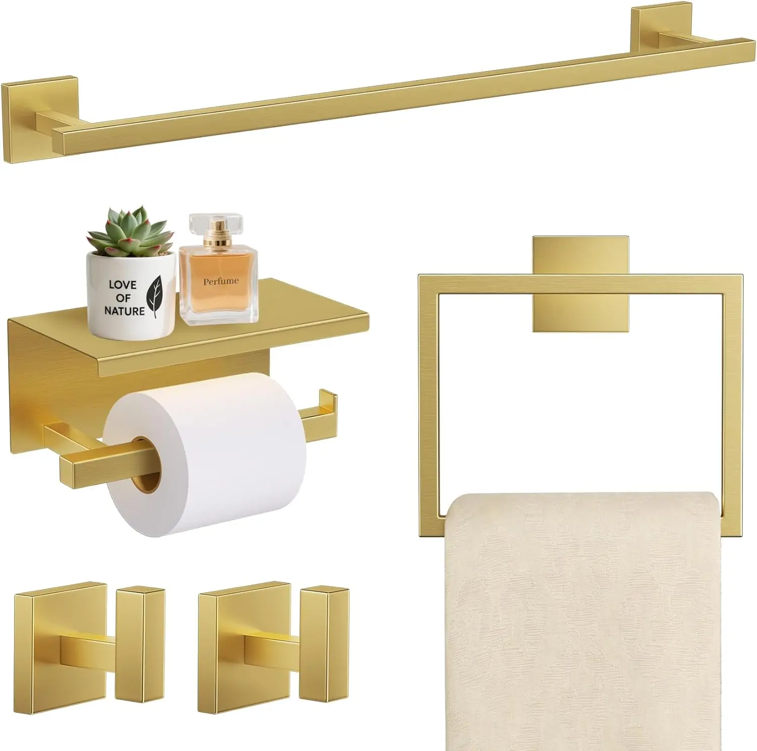 

Brushed Gold 5-Piece Bathroom Hardware Set, SUS304 Stainless Steel, 23.6" Towel Bar, Square Wall Mounted Accessories Kit