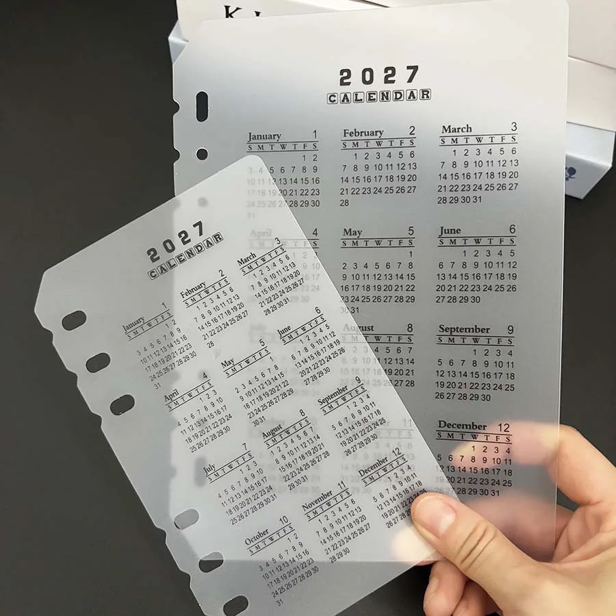 2027 A5/A6 Loose Leaf 6 Holes Calendar Separator Page， Durable Transparent PP Frosted Material For Planner Time Management，Back