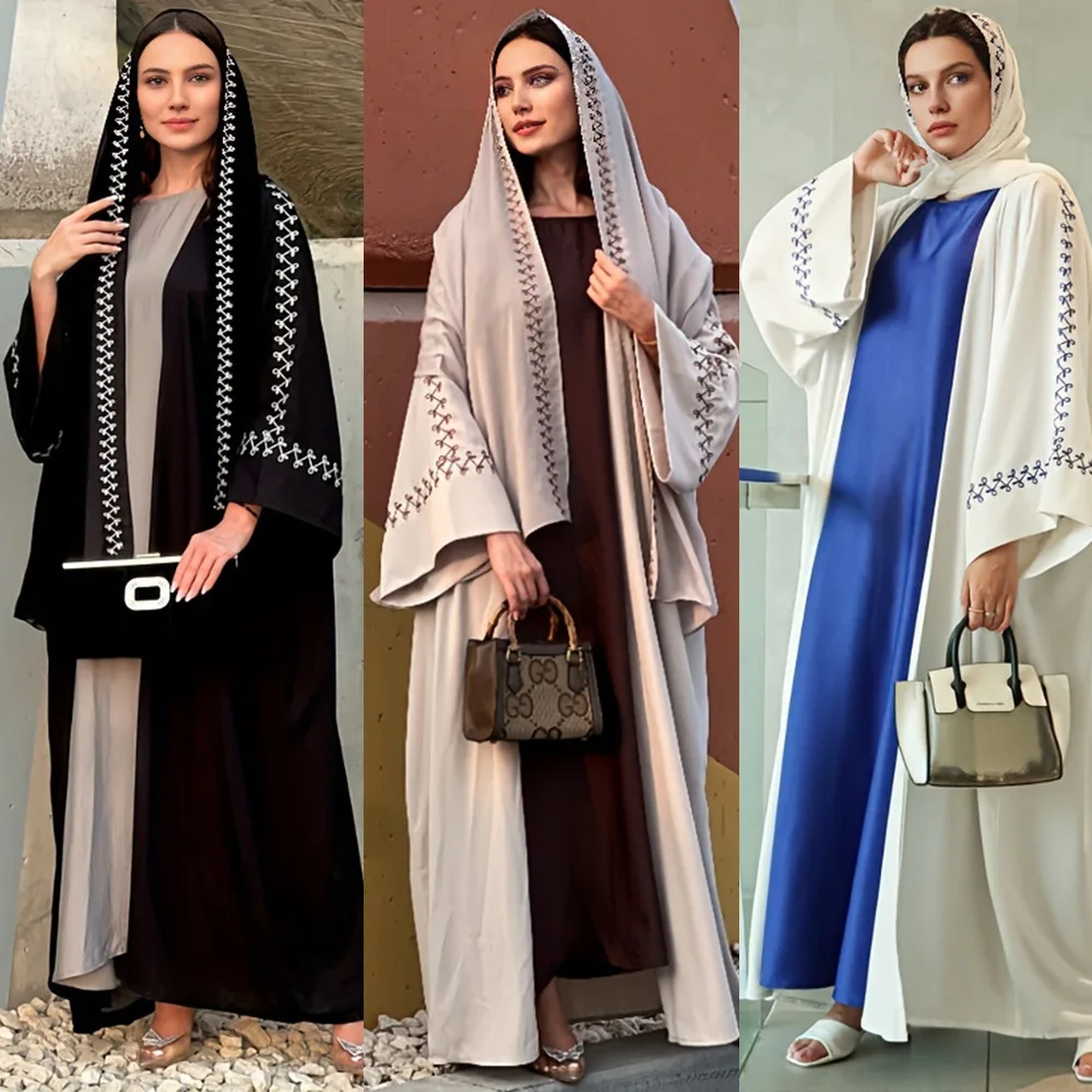 UNI New Arrival Buckles Embroidery Abaya Hijab Dress Kimono Coat Outwear Women Long Sleeve Arabic Muslim Dubai Moroccan Caftan