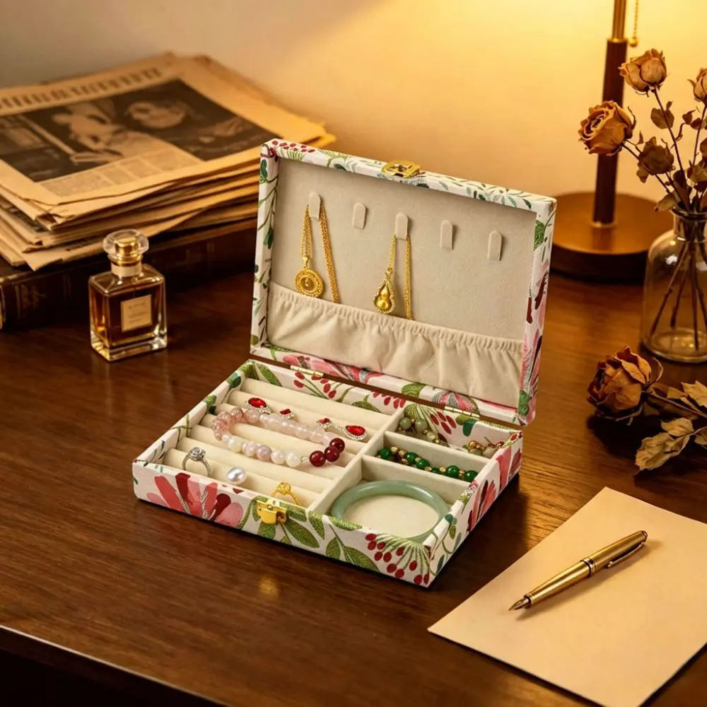 Retro Wooden Jewelry Box Embroidered Large Capacity Multi Compartment Jewelry Holder Luxury Floral Jewelry Storage Organizer