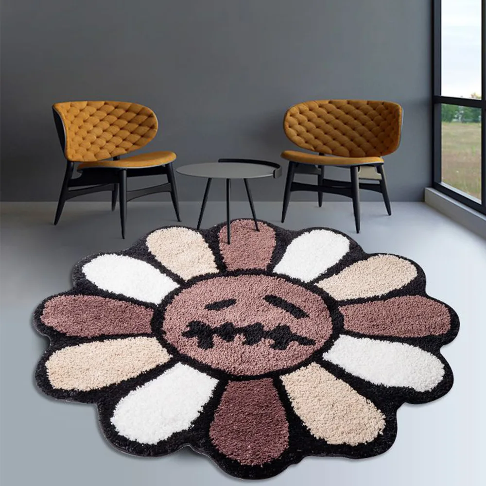 

Smiling Face Tufted Rug Art Rug for Bedroom Living Room Retro Fluffy Bathroom Smile Rug Nonslip Aesthetic Sunflower Carpet Home