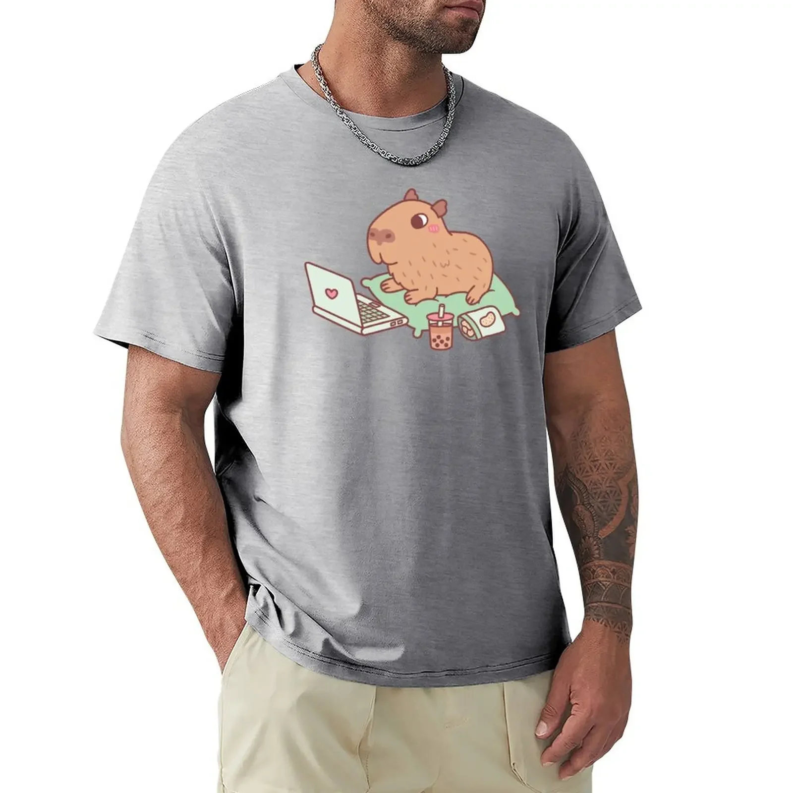 Cute Chilling Capybara With Laptop And Snacks T-shirt summer clothes for a boy fruit of the loom mens t shirts