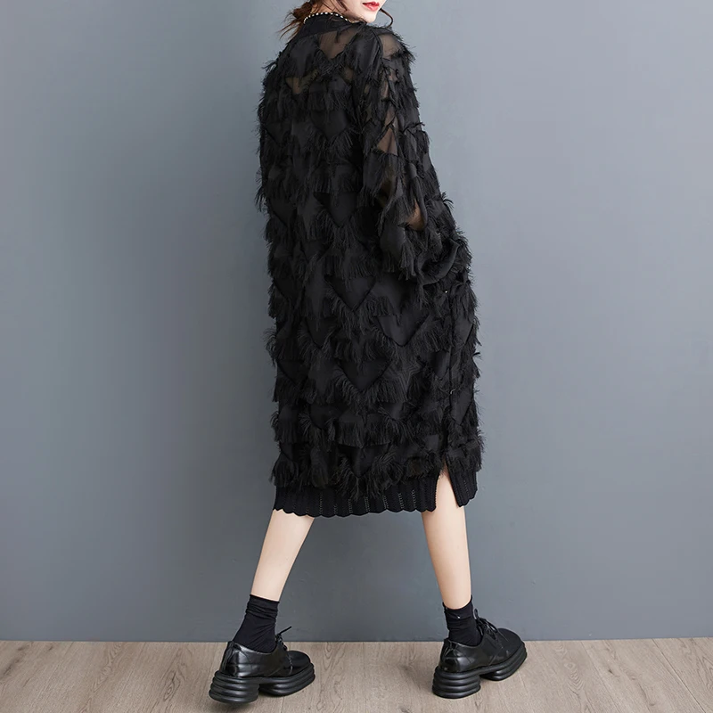 #3341 Black Irregular Midi Dress Women Tassels Loose Thin Perspective Retro Dress Ladies Stand Collar Fringe Dress Female Spring