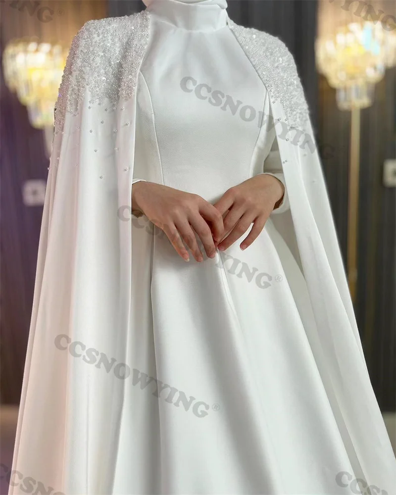 

Satin Beaded High Neck Wedding Dress for Bride Long Sleeve with Cape Hijab Muslim Bride Gown Dubai Arabic Vestidos De Novia