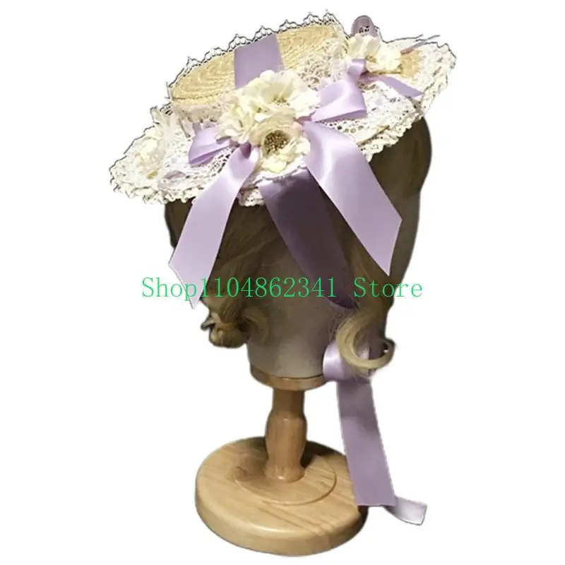 652F Women Girls Elegant Tea Party Flat Hat Multilayer Lace Bonnet Artificial Flower Ribbon Bow Straw Beach for Sun