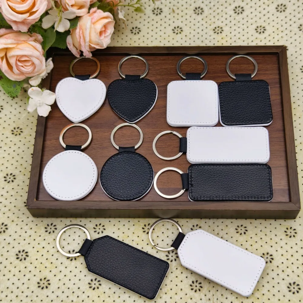 

DIY Dye Sublimation Blank Creative PU Leather Heat Transfer Custom Keychain Rectangle Heart Double Sides Tags Keyring Women Gift