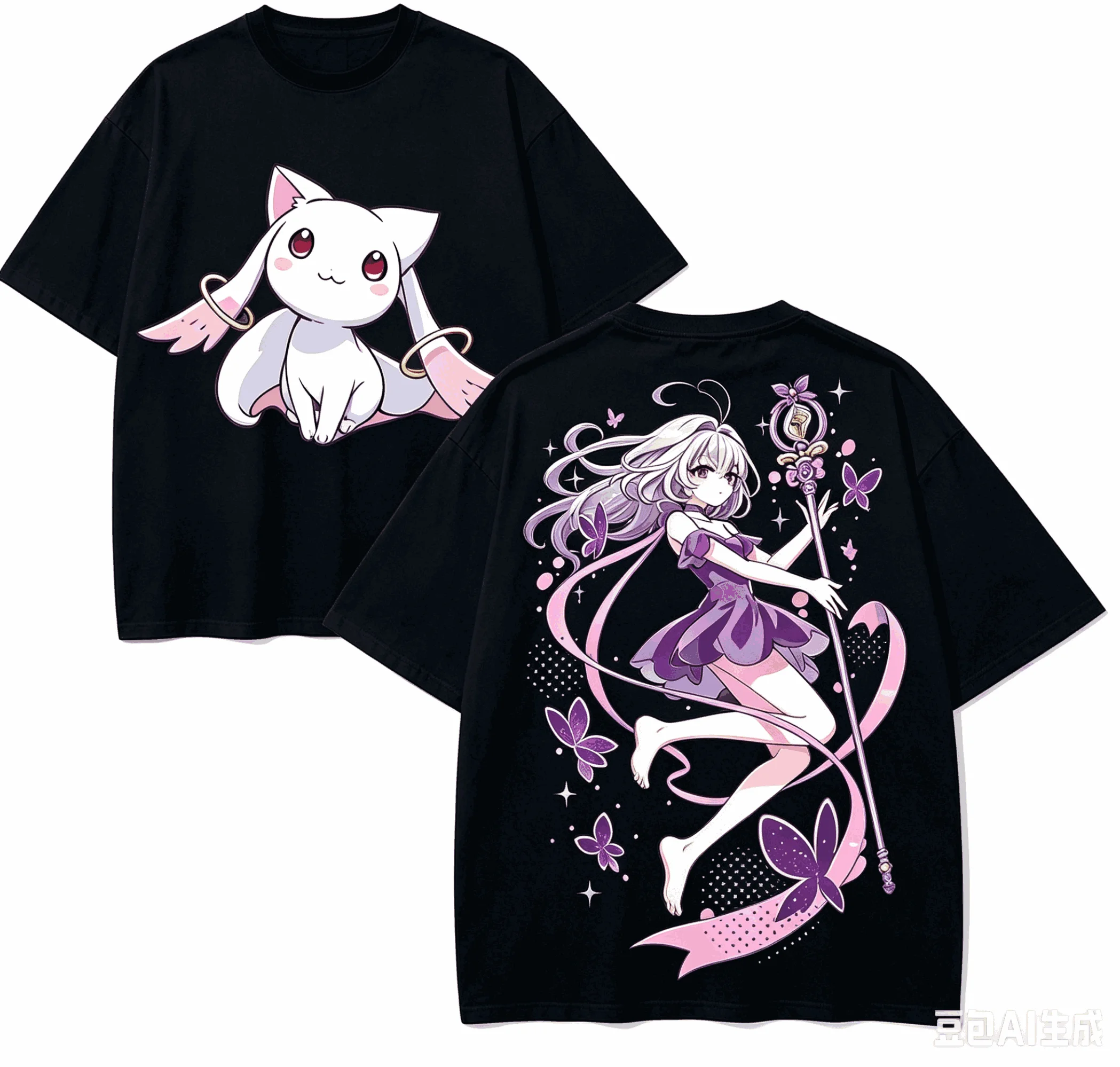 Camiseta Estética de Madoka Magica Kyubey con Estampado a Doble Cara, Morada, Estilo Chica Mágica, Unisex, Oversize, Y2K, Streetwear, Algodón, Gráfico