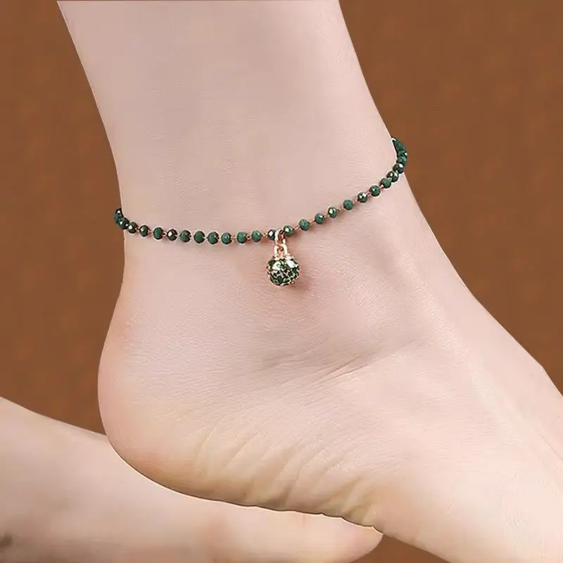 ‌Green Vintage Crystal Handmade Anklet Bell Original Chinese Style Ankle Jewelry Women Nature Inspired Unique Forest Fairycore‌