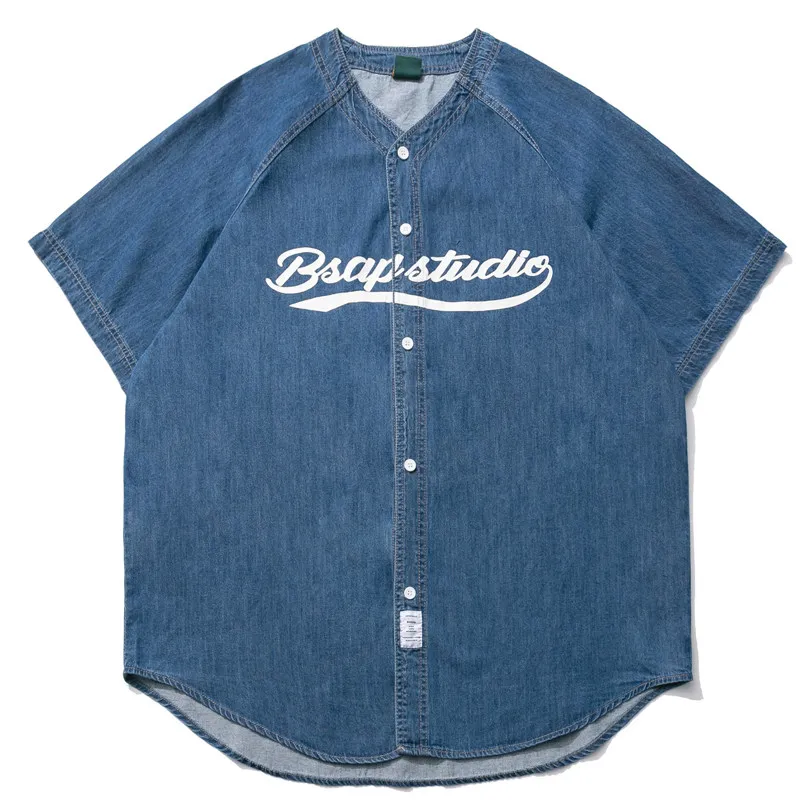 Japanese Retro Vintage Letter Printed Loose Denim Workwear Short Sleeved for Men Shirt