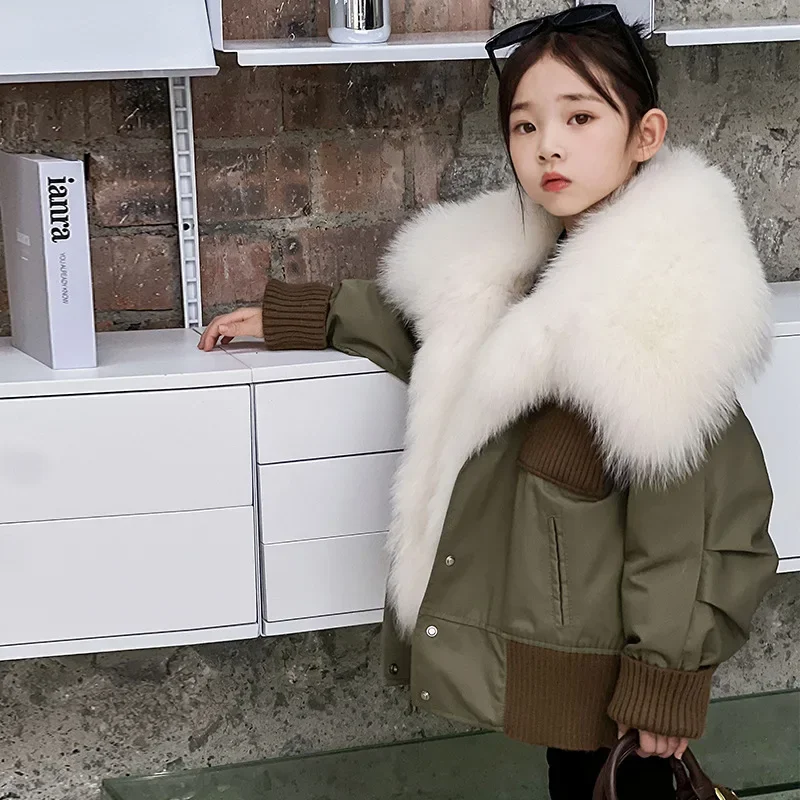 

Children's Pie overcome medium long edition Big Fox fur collar Rex rabbit fur lining girls fur coat winter new 110-160cm