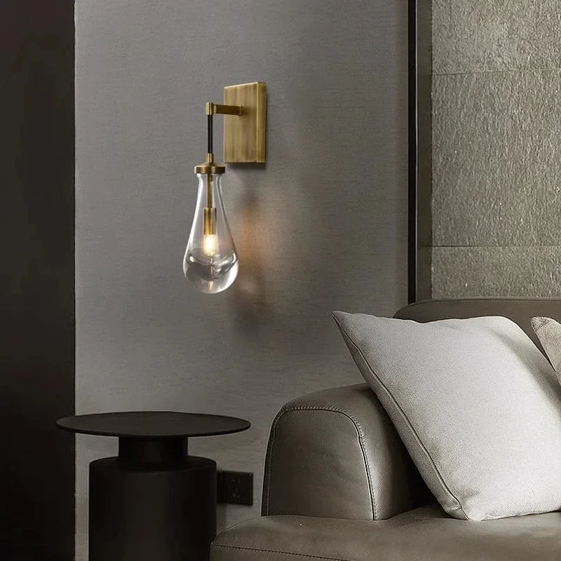 New Copper LED Pendant Light Modern Lobby Waterdrop Glass Light, Home Decoration, Hotel Villa Glossy Staircase Ceiling Lamps