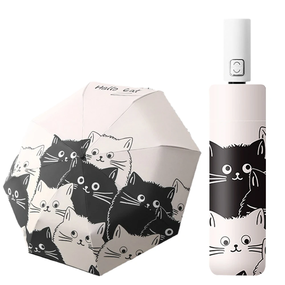 Cartoon Automatic/Manual Folding Umbrella Cute Cat Patterns Windproof Sun Rain Dual Use Umbrella for Men Women