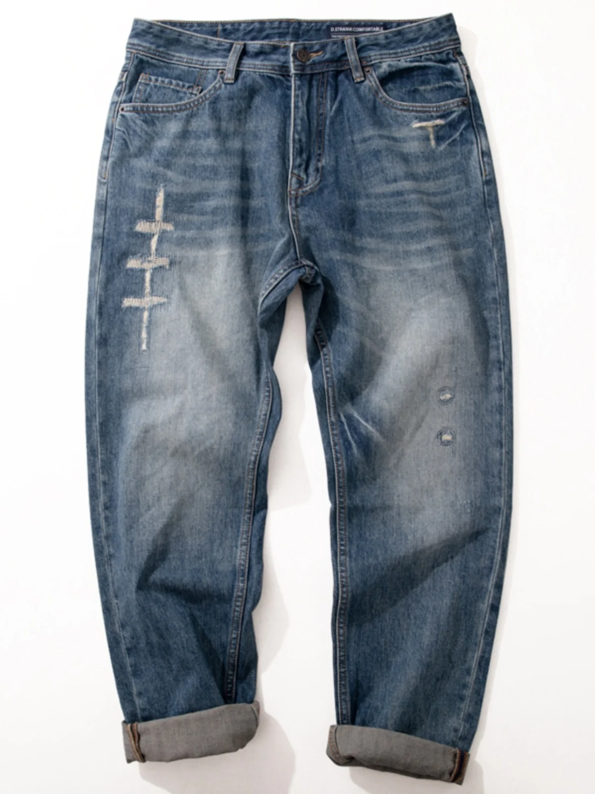 

Мужские джинсы с американской талией в стиле ретро, весна-осень, свободные прямые повседневные длинные брюки, рваные лоскутные брюки с высокой талией, нет глажки