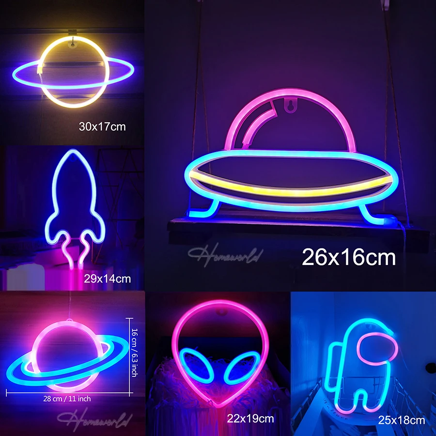 

UFO Neon Sign Light LED Rockets Astronauts Aliens Planets Sign Decoration Lamp for Kids Room Bedroom Game Wall Birthday Gift