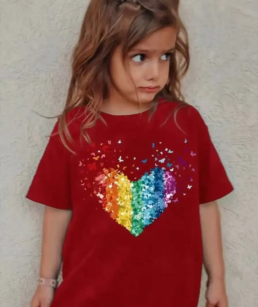 Mädchen Regenbogen-Herz Pailletten T-Shirt Kinder Sommer Baumwolle Kurzarm-Oberteil Kleinkind Mädchen Kleidung Schwarzes T-Shirt Niedlicher Schmetterlingsdruck – Detail 7