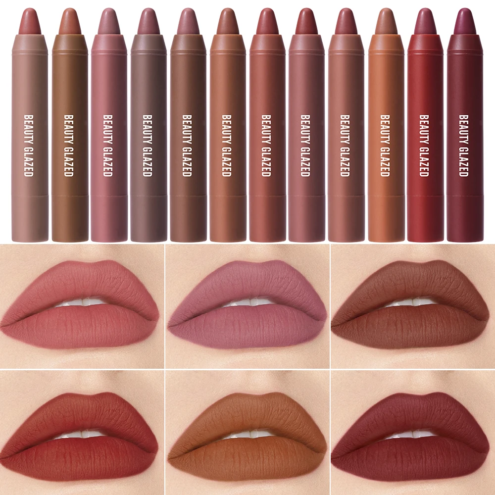 Beauty Glazed Matte ลิปสติกดินสอ 12 สี Velvet Lip Liner ปากกากันน้ํา Long Lasting Lip Balm LIPS แต่งหน้าผู้หญิงเครื่องสําอาง