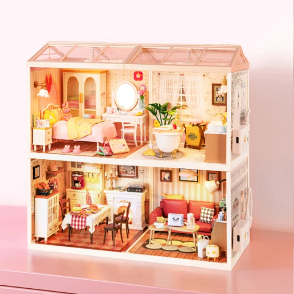 Robotime Rolife Lovely Pink Bedroom DIY Miniature House with Accessories  with LED to Build Decent Birthday Gift DW016