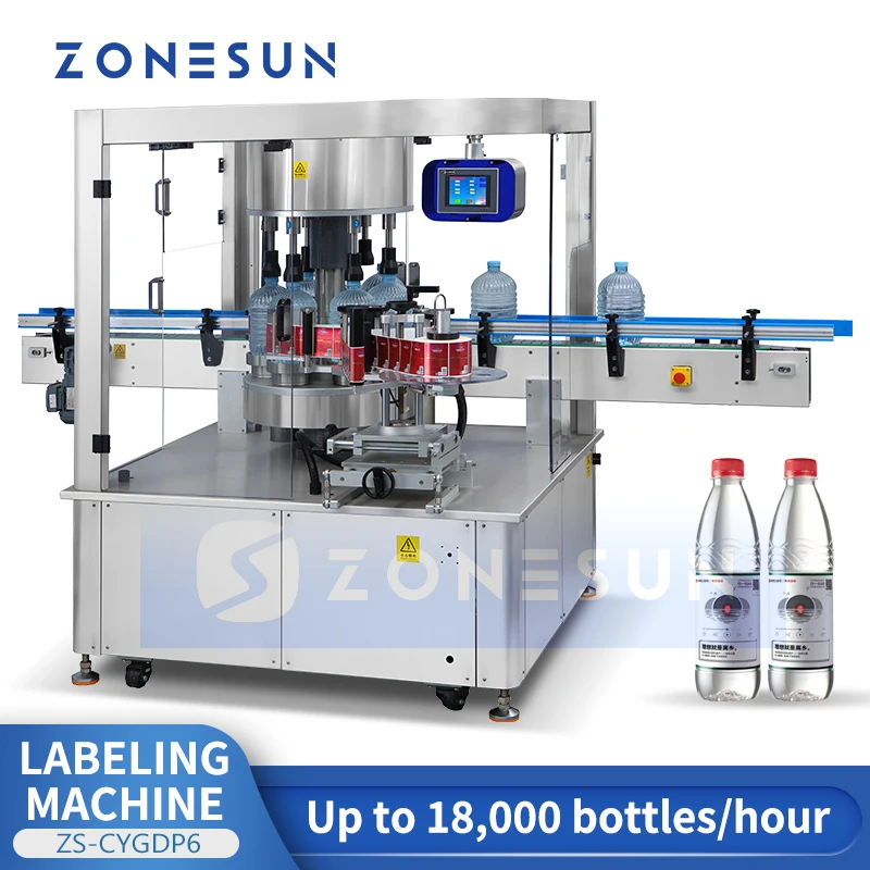 Zonesun เครื่องติดฉลากอัตโนมัติขวดทรงกระบอกทรงกลมแบบมีกาวในตัว ZS-CYGDP6บรรจุภัณฑ์น้ำแร่