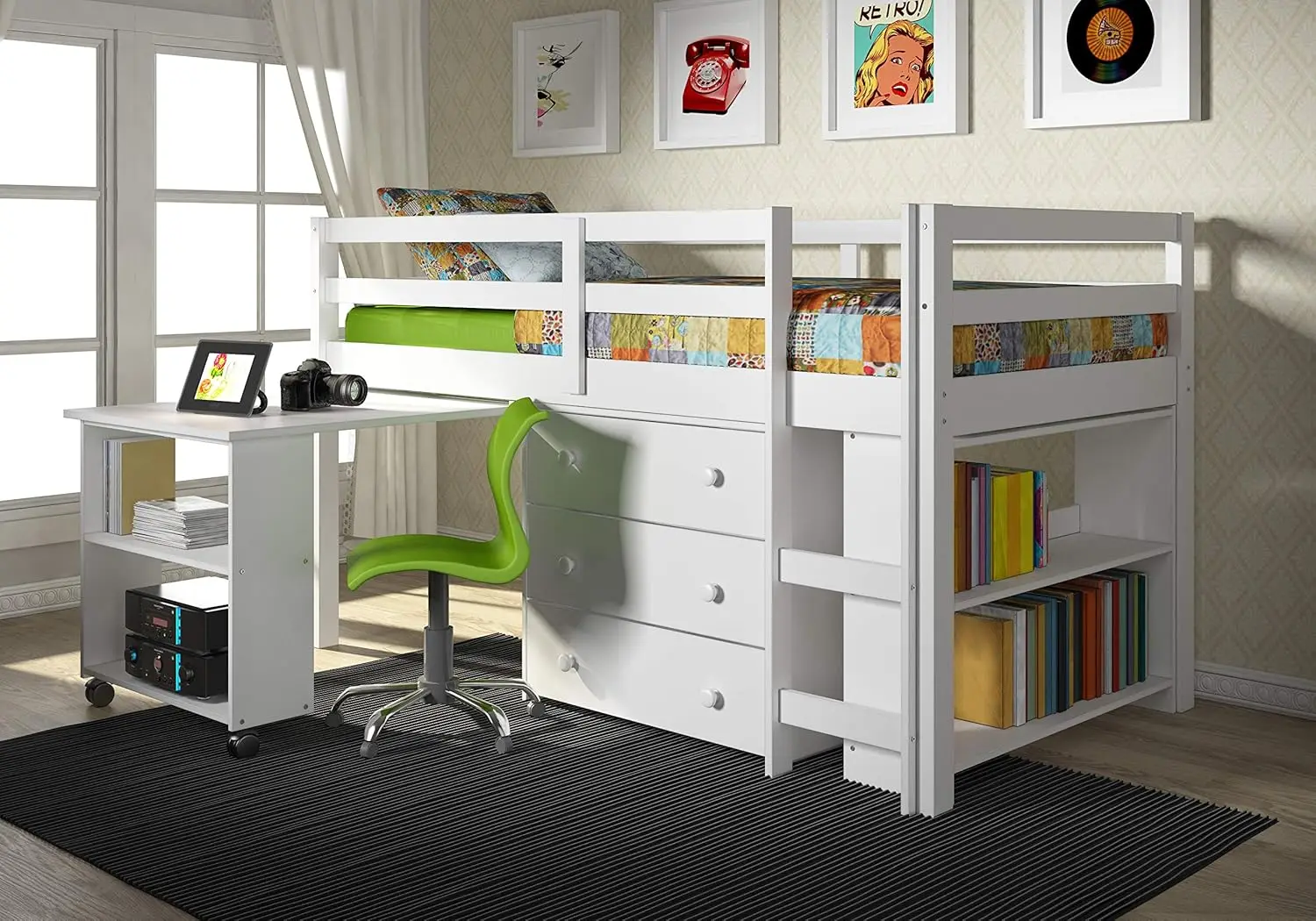 Study Modern Twin Low Loft Bed In White Finish