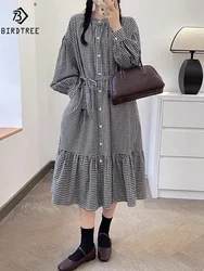 New Summer Cotton Long Sleeve Dresses, Woman Stand Neck Plaid Sash, Mori Girl Sweet Loose Vintage Dress, 2024 Autumn D47691QM