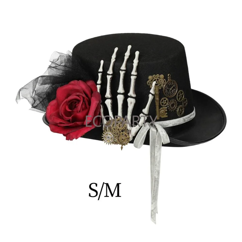 Retro Steampunk Floral Top Hat Victorian Dark Rose Top Hat Gothic with Skeleton Hand Headgear Fedoras for Theme Party for Women