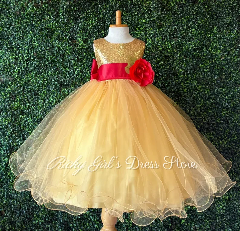 Elegant Gold Tulle Flower Girl Dress Sequin Glitter Long Wedding Party Dress For Girls Sleeveless Customized Prom Ball Gown