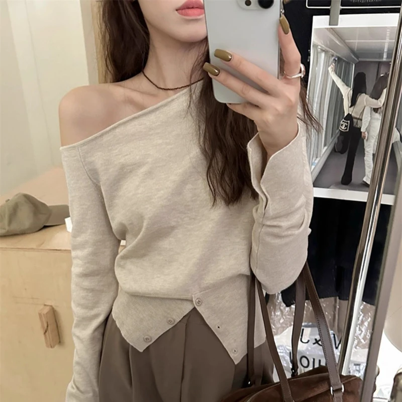 Women's 2026 Autumn Off Shoulder One Shoulder Knit Top Korean Button Split Layering Sweater Chic Coquette Trendy Vintage