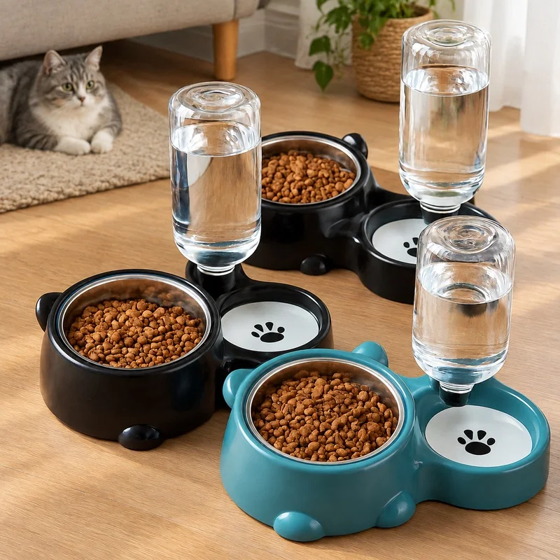 Gravity-Operated Pet Feeding and Watering Station with Tilted Spout for Cats and Dogs, Cordless and Battery-Free Convenience