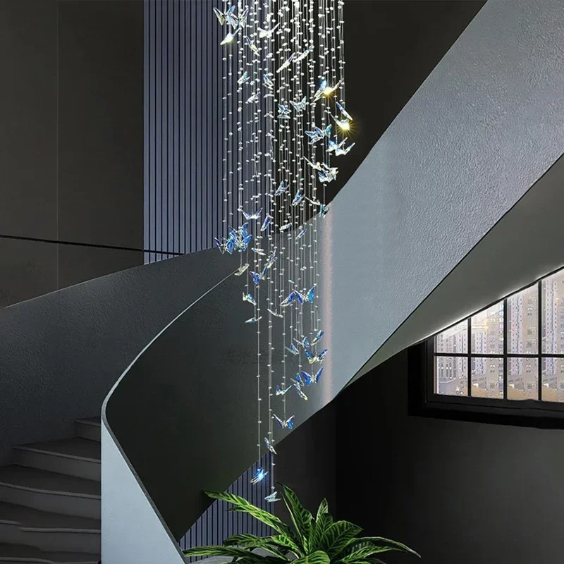 Staircase Crystal Chandelier Butterfly Pendant Lamp Luster Lighting for Living Room Hanging Chandeliers Suspended Ceiling Lamp