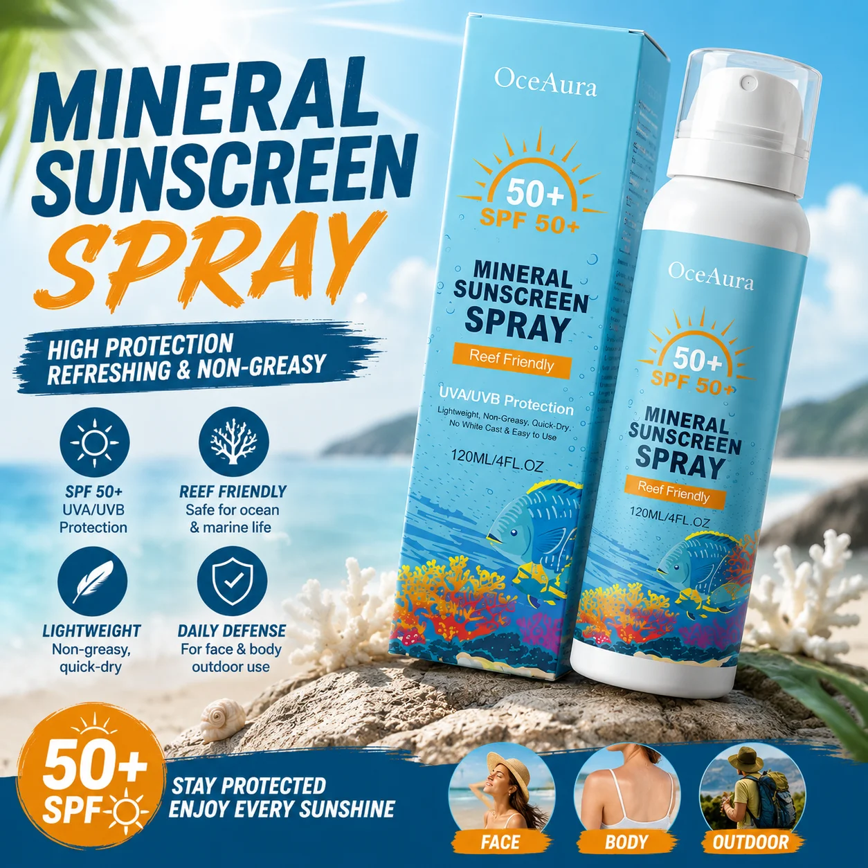 Protector Solar Mineral en Spray Compatible con Reef, FPS 50, Bloqueador UVA/UVB, Absorción Rápida, para Buceo y Cuidado Solar Diario