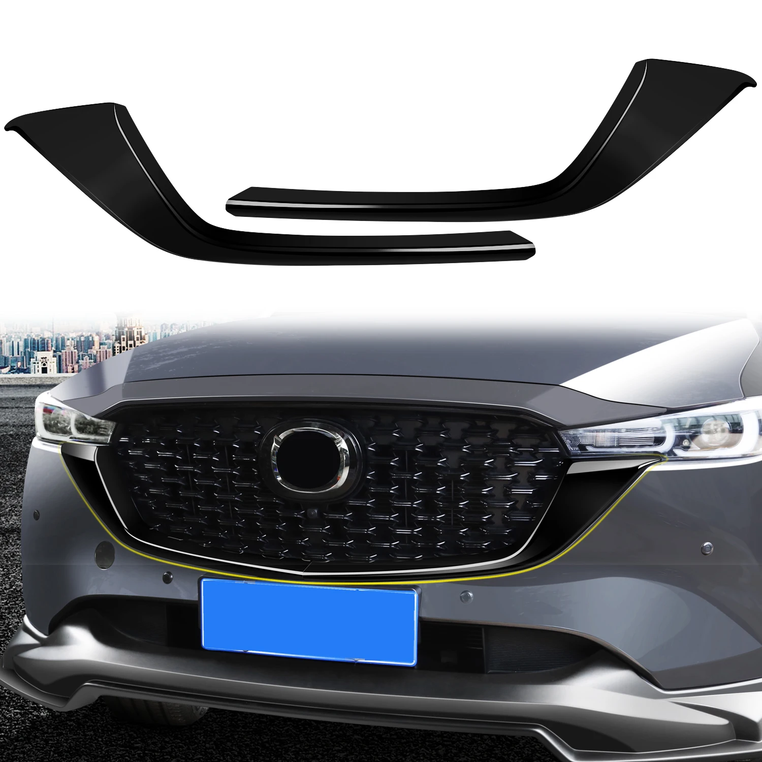 

For Mazda CX-5 CX5 2022-2024 Glossy Black Front Center Grille Grill Molding Cover Decor Trim ABS Exterior Accessories 2pcs