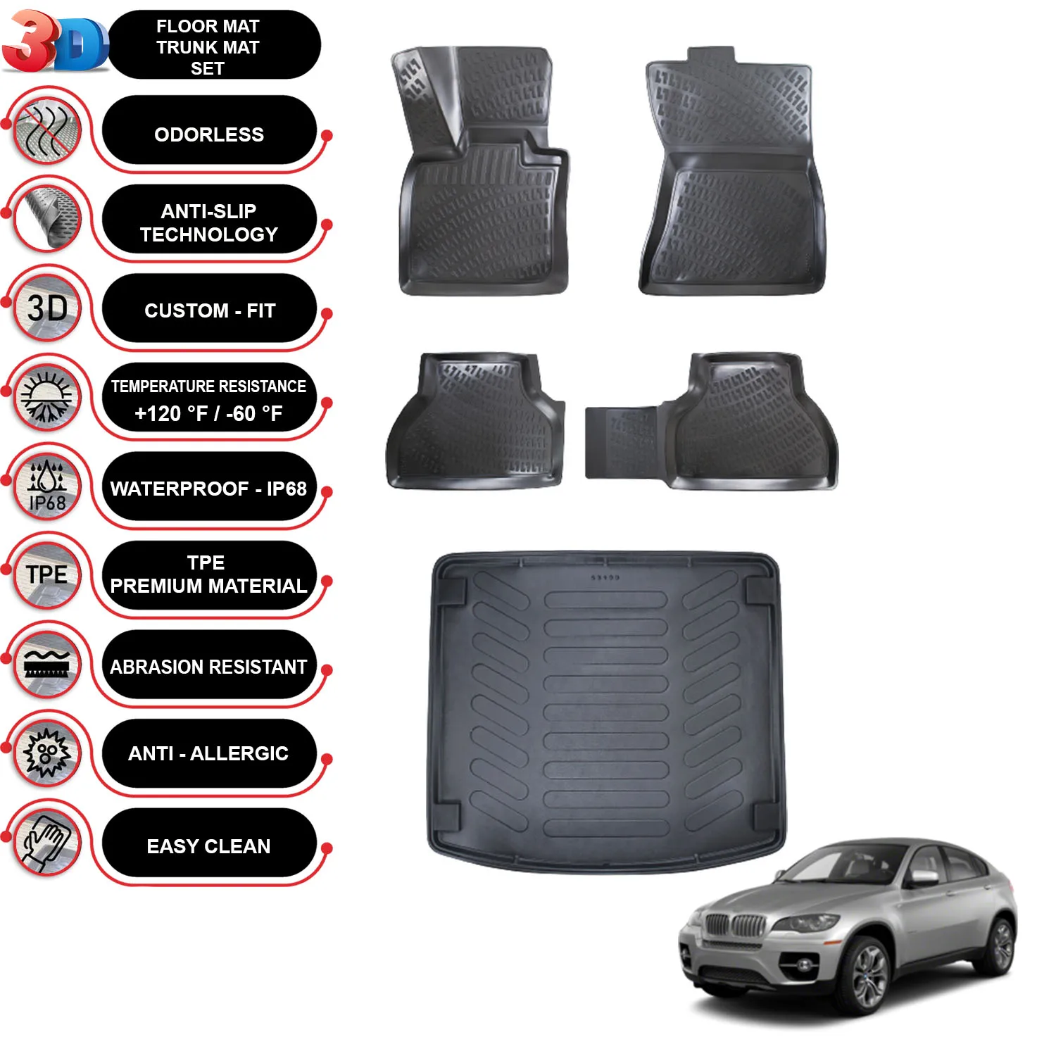 BMW X6 - (2008-2014) - Floor Mats + Cargo Trunk Liner - SET - (Black)