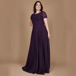 Customized Yipeisha Purple Short Sleeve Formal Mother of the Bride Dress Ladies Floor Length Plus Size Lace Chiffon Wedding Part