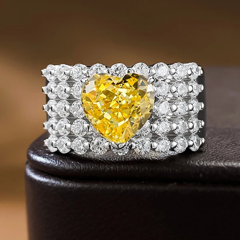 

Yellow Diamond Love Full Diamond Ring with Small Red Book Same Style S925 Pure Silver Love Yellow Diamond Ring Live Sales