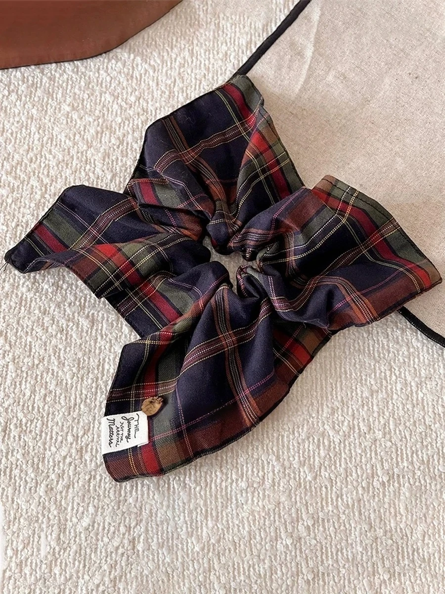 1PC Vintage British Style Checkered Square Hair Tie Fashion Button Elastic Rubber Band for Low Ponytail Versatile Headwear image 5